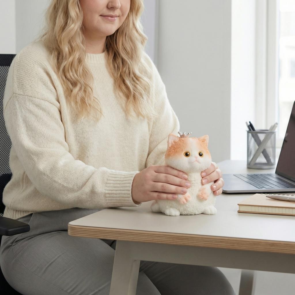 Plush Cat Figurine with Crown Soft Decorative Stuffed Animal Ornament Realistic Furry Texture for Home Desk Shelf Display