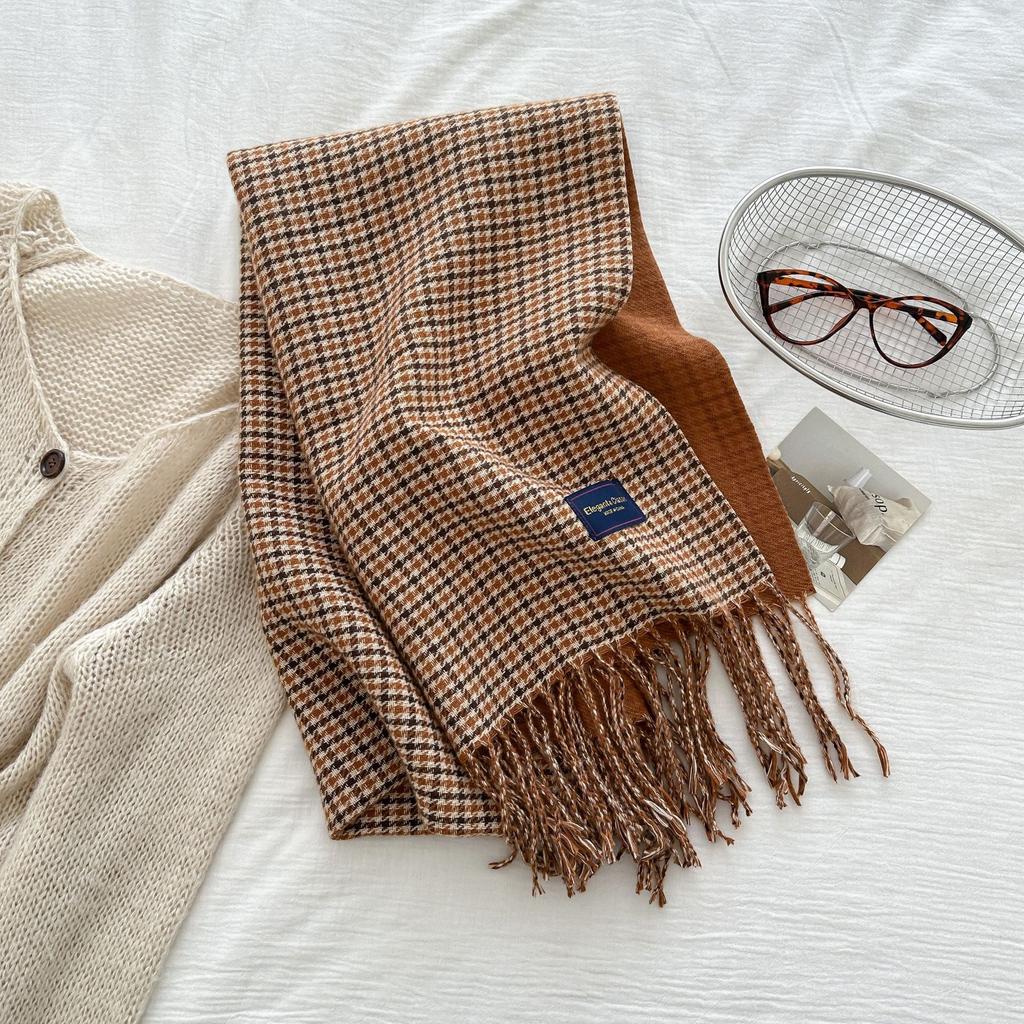 Women'S Imitation Cashmere Retro Houndstooth Knit Scarf Headscarf Casual Tassel Scarve Ladies Mujer Wrap Shawl Winter New Korean