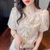 Summer Women's Floral Print Blouse V Neck Puff Short Sleeve Ruffle Hem Casual Crop Top