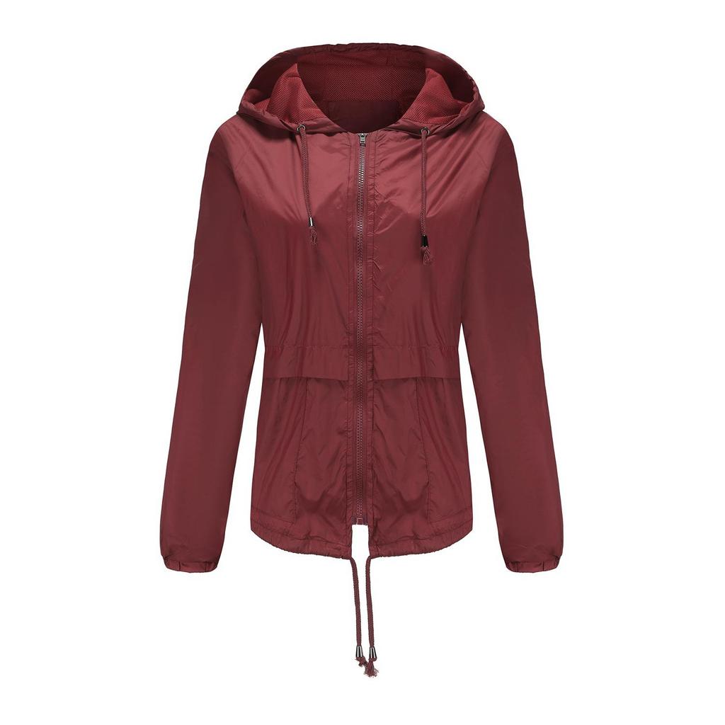 Women Spring Solid Color Long Sleeve Lightweight Hooded Collar Outdoor Raincoat Cropped Cardigan Jacket S-3XL