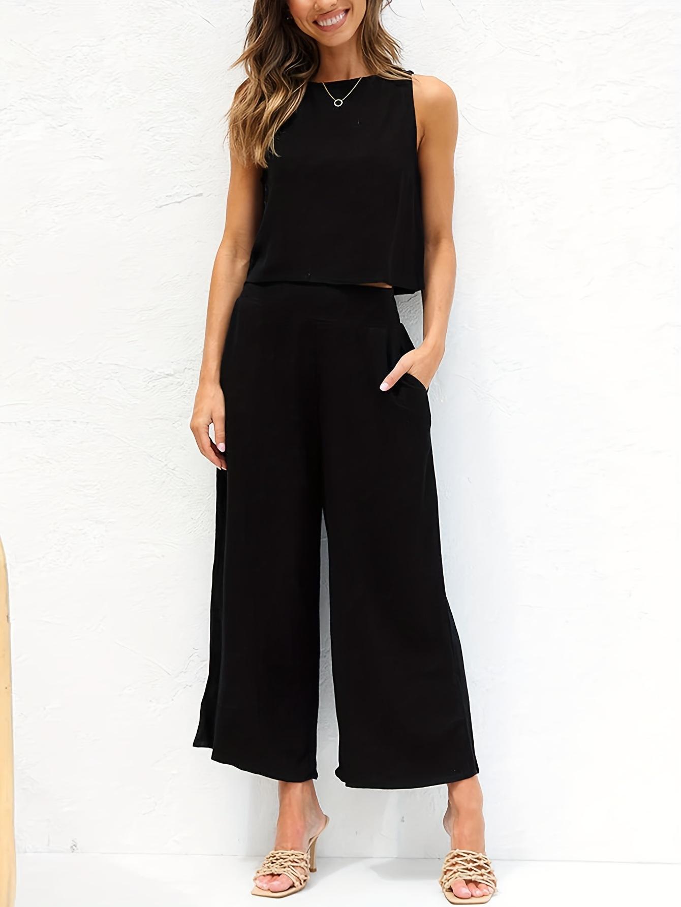 Europe, America 2025 Women s Summer 2-piece Sleeveless Vest Button Top Wide Leg Pants Pocket Casual Set S чёрный