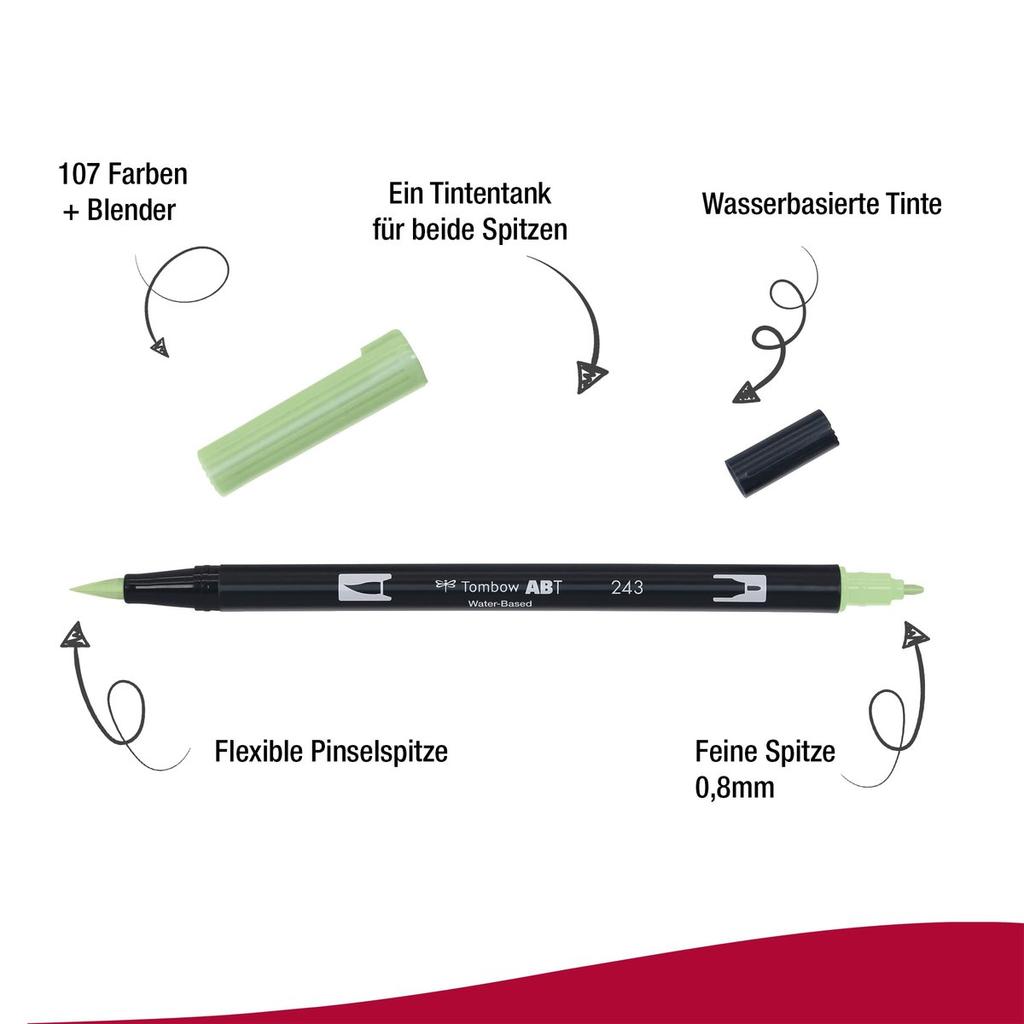 Tombow Dual Brush Pen ABT Water-Based Graphic Marker 243 Mint Green, Art Pen for Design, Illustration and Hand Lettering