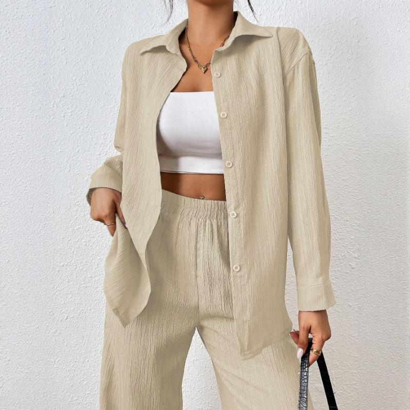 Women 2 Piece Casual Set Button Up Shirt And Elastic Waist Wide Leg Pants