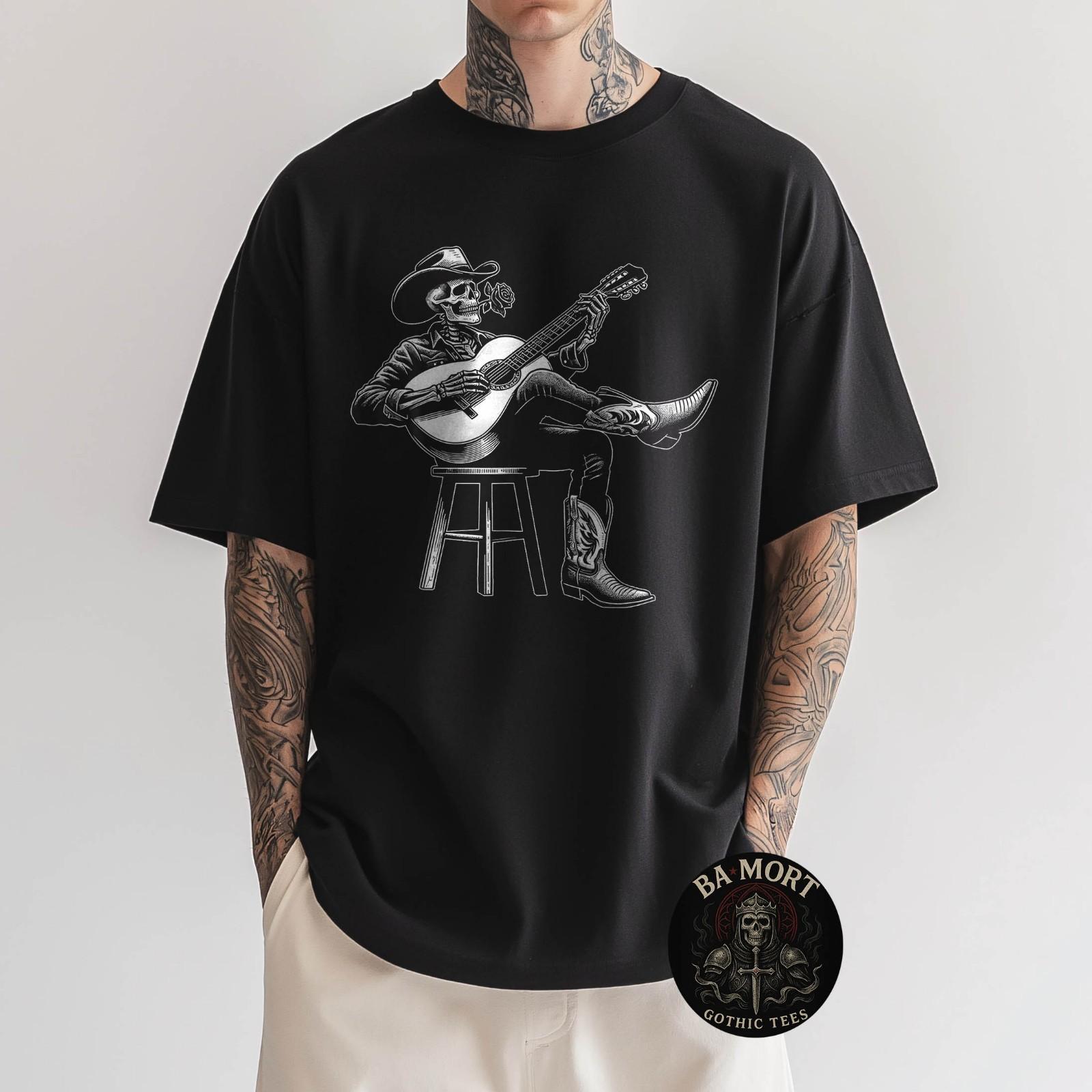 Skeleton Cowboy Rose Guitar Country Music Western Gothic T-Shirt S