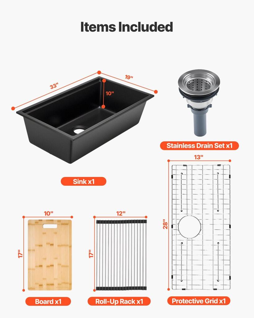 84 Cm Granite Kitchen Sink Undermount Single Bowl Drop-In Basin for RV Bar