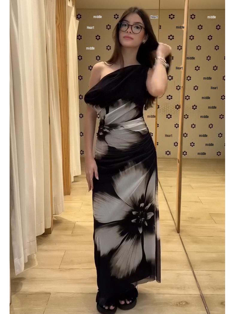 

2025 Summer European & American Women s Sexy Print Slanted Collar Retro Waist-Cinching Dress Extra Small цветочный