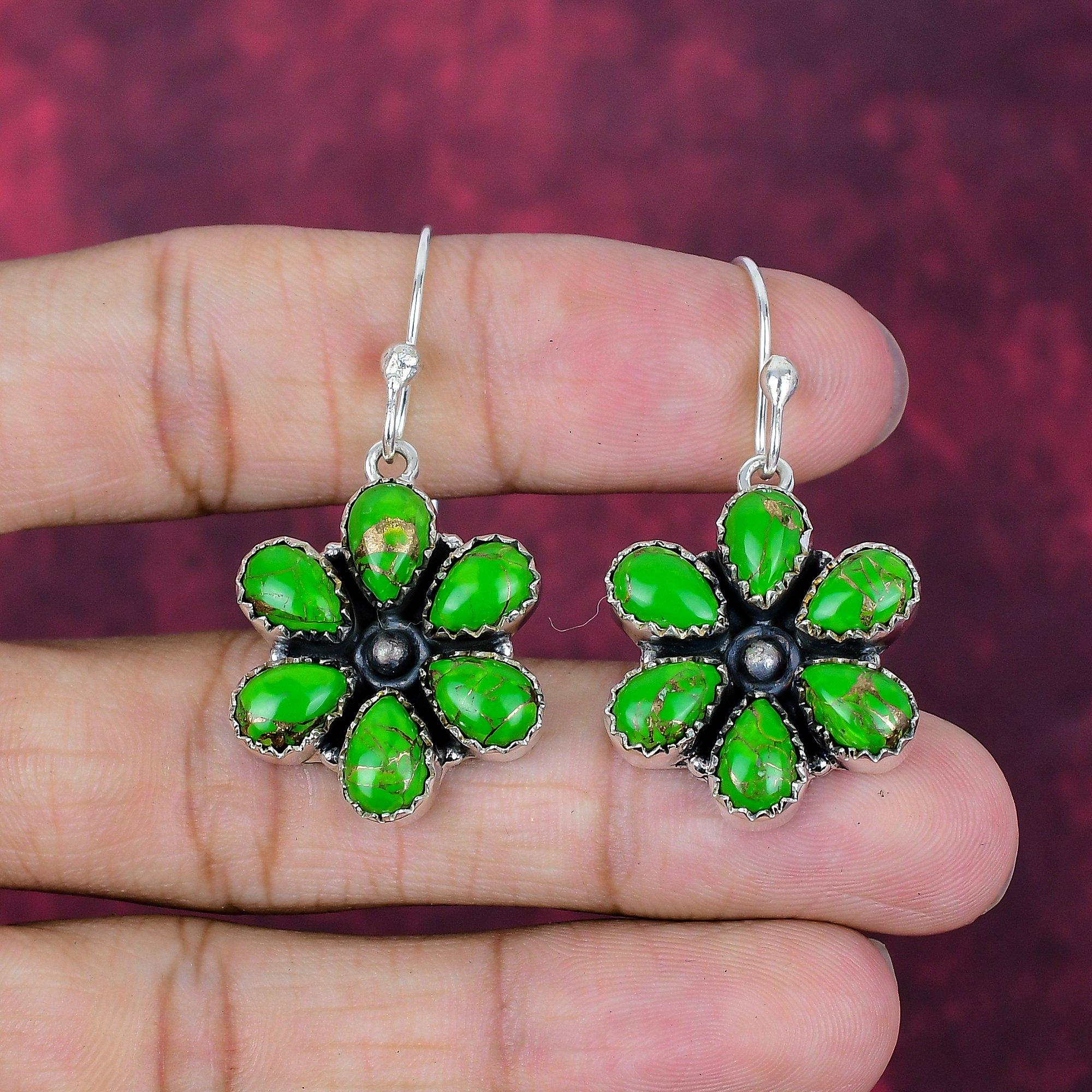 

Серьги из зеленой медной бирюзы ручной работы, серьги из стерлингового серебра 925 пробы, украшения с камнем месяца рождения, подарок «Любовь навсегда» 1.77 Inches зелёный