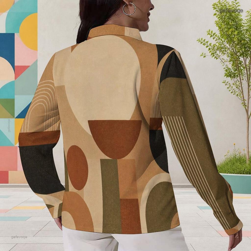 Women Plus Size Collared Long Sleeve Geometric Printed Button Front Shirt