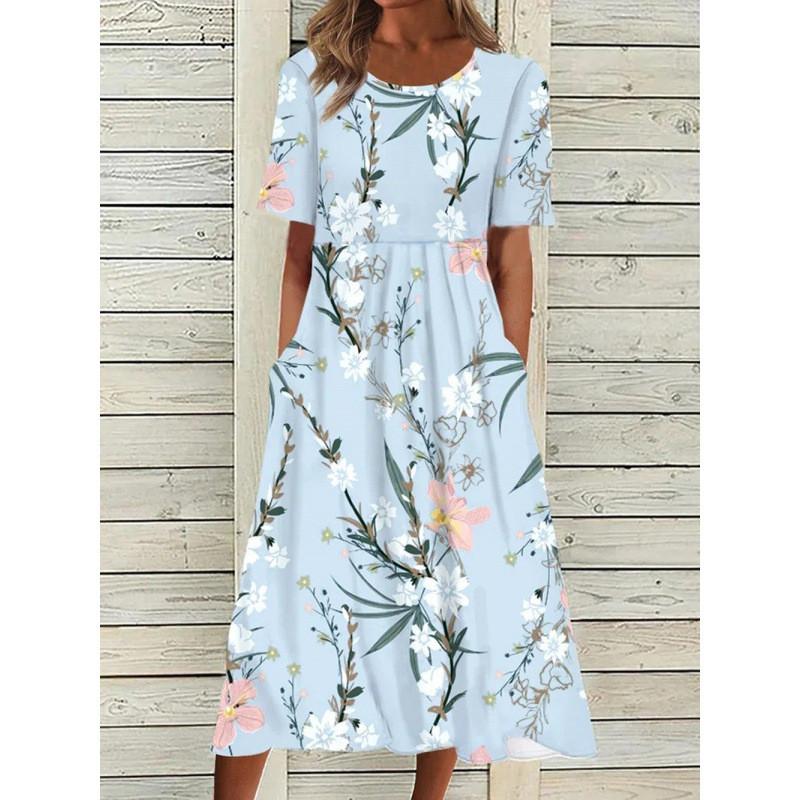Summer Casual Women Dress With Floral Print And Large Skirt For Daily Wear