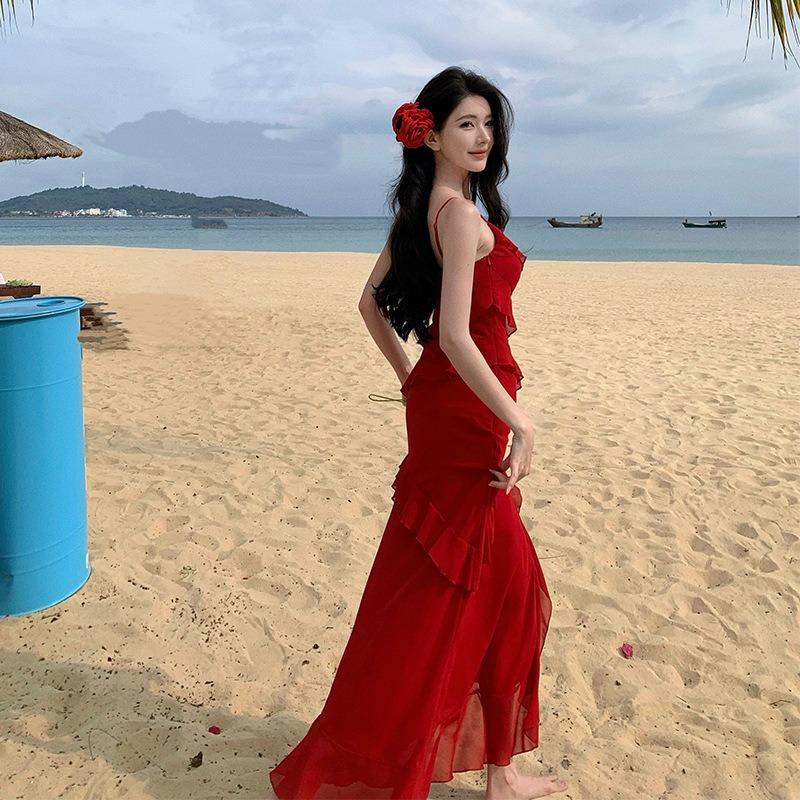 French Temperament Rose Red Suspender Dress Heavy Industry Ruffle and Ankle Dress Vacation Travel Wear