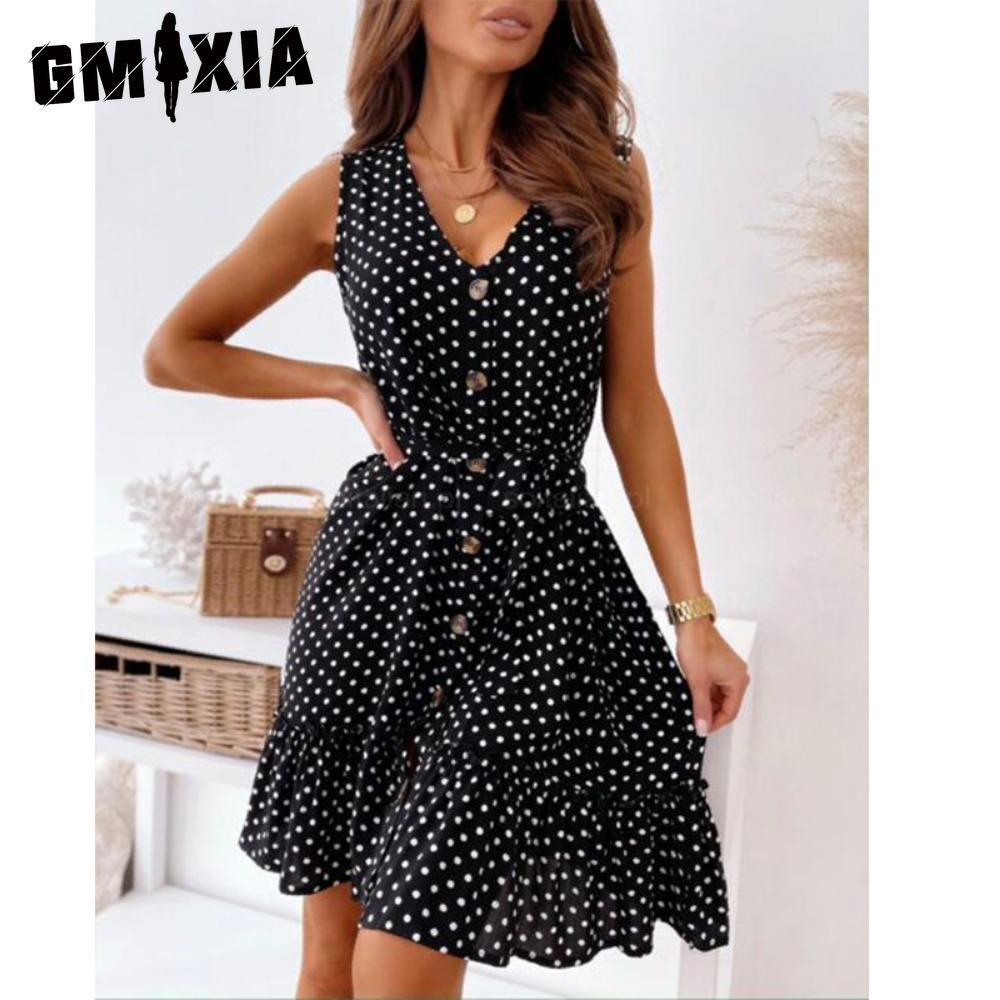 GMXIA Ruffle Hem Dress Breathable Women Casual V Neck Holiday Loose Dress