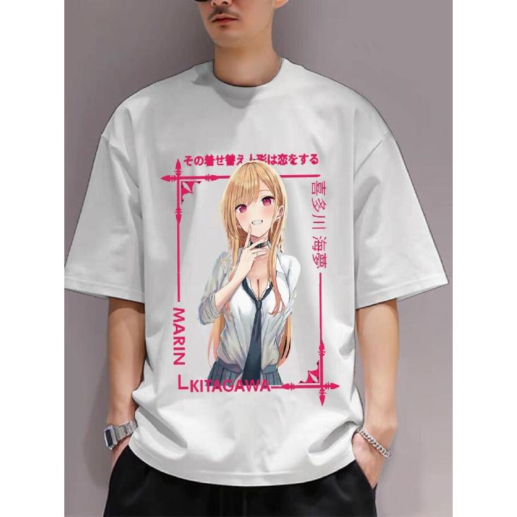 Moarin Men's Oversized Anime Graphic T-Shirt - White & Black Japanese Manga Print Streetwear Tee with Marin Character Design, Logo-Free Brand Tag,