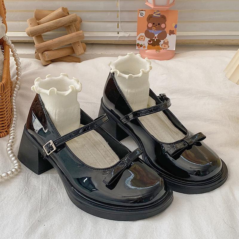 Patent Leather Jk Uniform Dress Shoes for Women Vintage Square Heels Mary Jane Shoes Woman Japanese Style Bow Buckle Strap Pumps