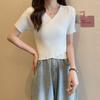 Summer V-neck Short-sleeved Knit Shirt Thin Slim T-shirt Female Design Sense Cross Short Tops Casual Essential Comfort Style Slim Fit Pullovers Tees