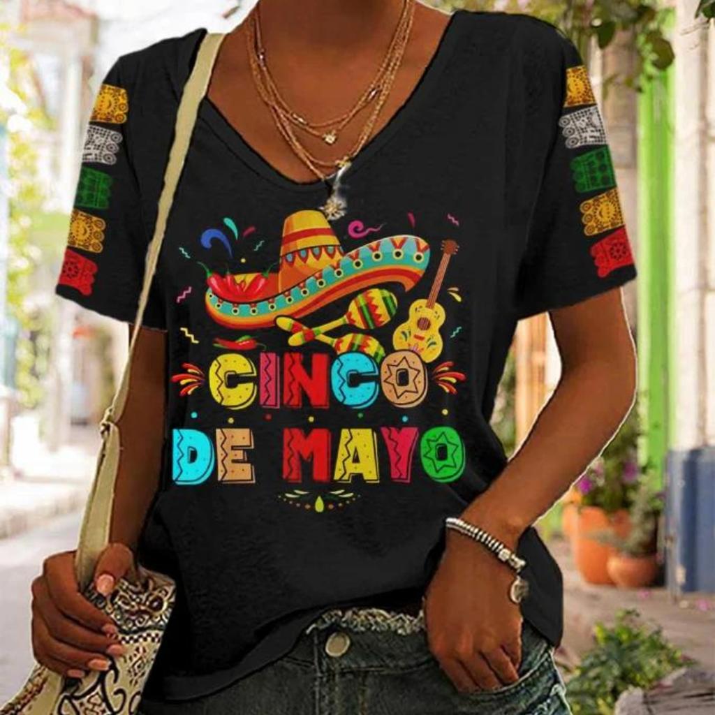 T-Shirt mit Cinco De Mayo-Print, lässiges Kurzarm-Oberteil mit V-Ausschnitt für Frühling und Sommer, Damenbekleidung