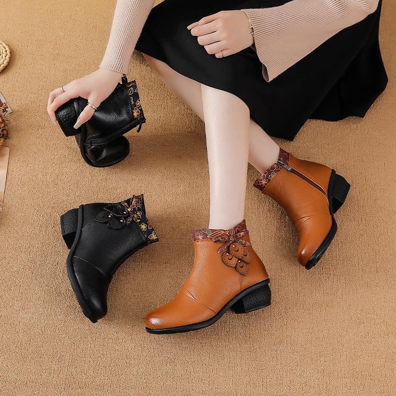 Johnature Genuine Leather Shoes Retro Ethnic Style Thick Heel Versatile Women's Short Boots