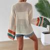 Ethnic Retro Crochet Rainbow Cardigan: Handmade Color Block Long Sleeve Knit Top