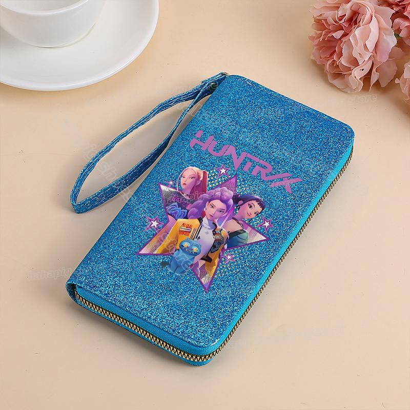Vysoce kvalitní KPop Lovci démonů Dlouhá peněženka Dámské peněženky na zip Sequin Bling Koženka Kapsa na mince Držák na ID Kartu Dámské Clutch Peněženky