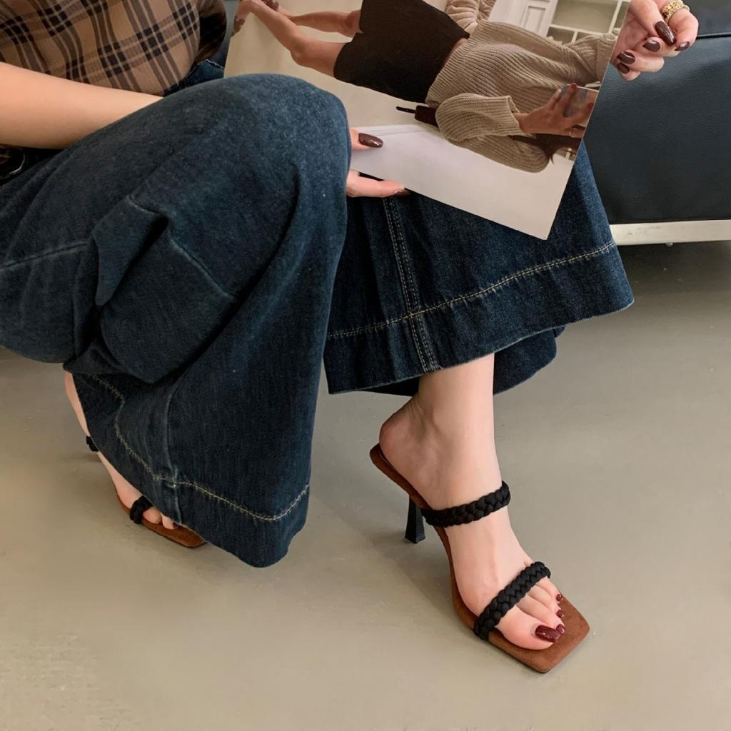 French Temperament Woven Word with High Heels Women's Summer Vacation Style Sandals Summer Open-toed Versatile Outer Slippers Women