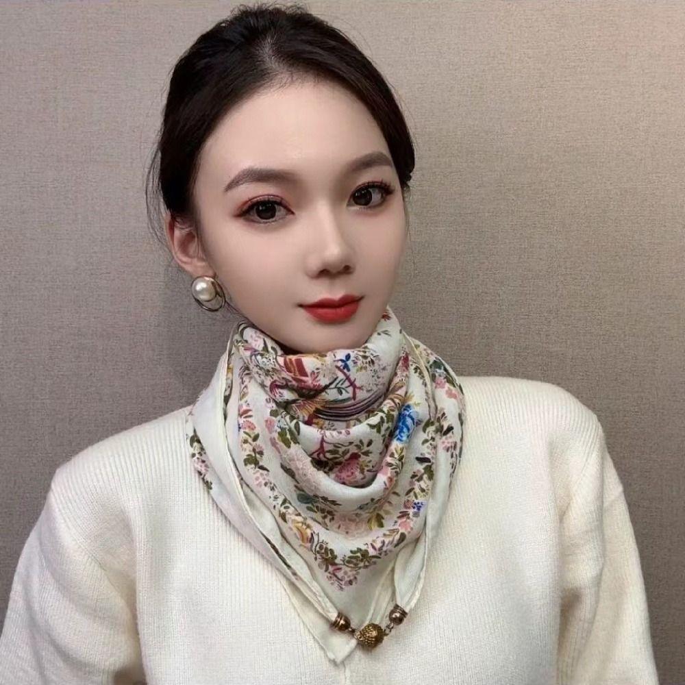 Soft Winter Silk Scarf Warm Small Square Scarf Fashion Magnetic Buckle Scarf  Women