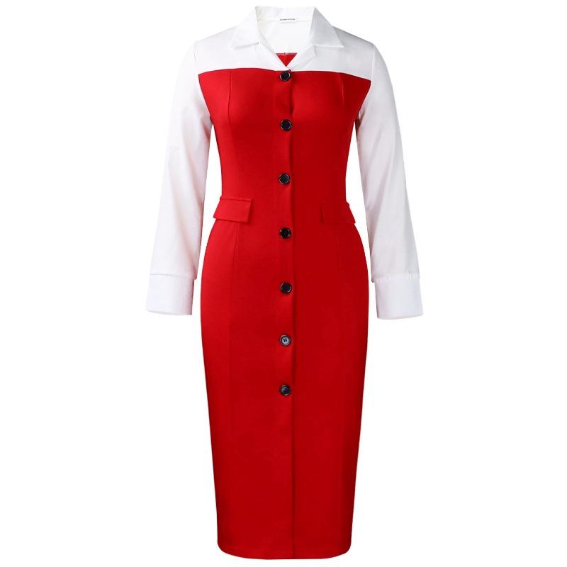 Women Elegant Business Long Sleeve Blazer Collar Patchwork Pencil Midi Dress