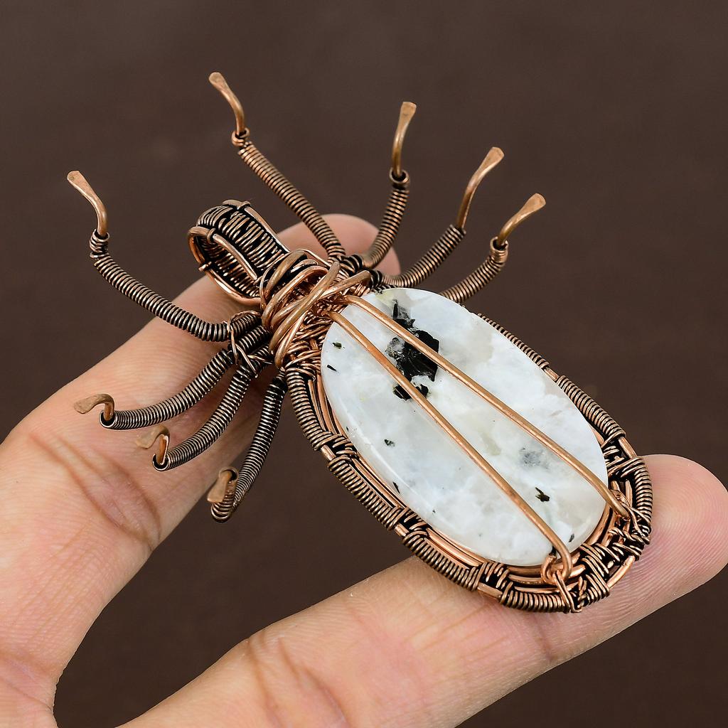 Natural Rainbow Moonstone Gemstone Copper Wire Wrap Spider Pendant 2.56" I2z26