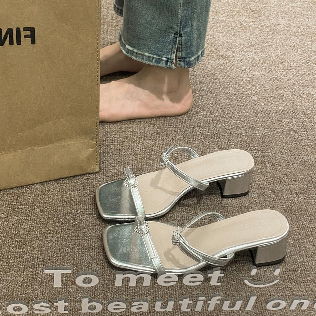 Popular Silver Thick Heel One-word Slippers Women's Summer Wear Fairy Style with Skirt Cool Slippers