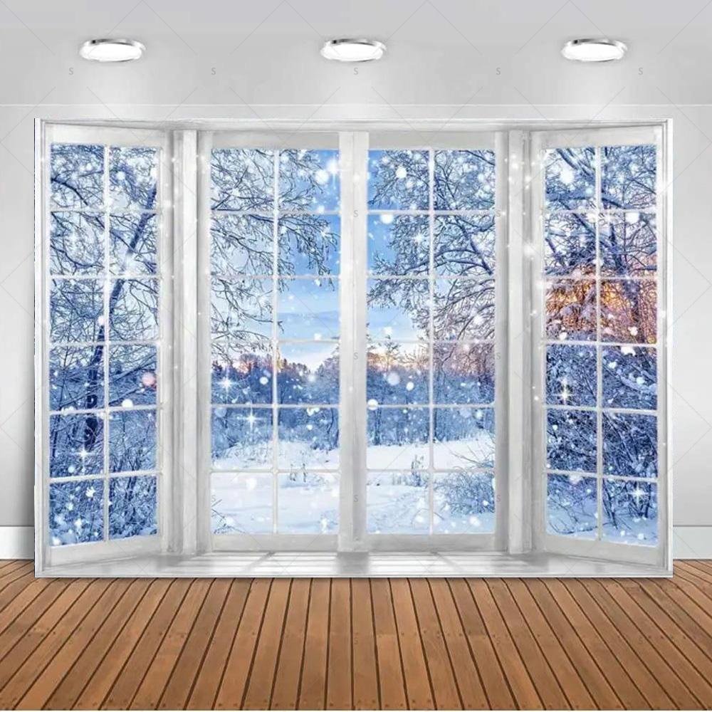 Paesaggio Invernale Scena di Neve Foresta Bianca Sfondo Fotografico Forniture Decorazioni Festa di Natale Striscione di Sfondo Oggetto di Scena per Foto