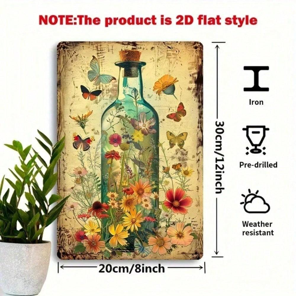 Vintage Metal Poster Butterfly Flowers Wall Art 8x12 Inch