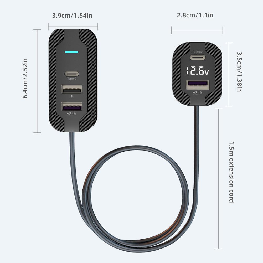 PD 30W Autoladegerät vorne und hinten, universell, mit 1,5 m Verlängerungskabel, 5-Port-Ausgang, Zigarettenanzünder-Konverter #468741