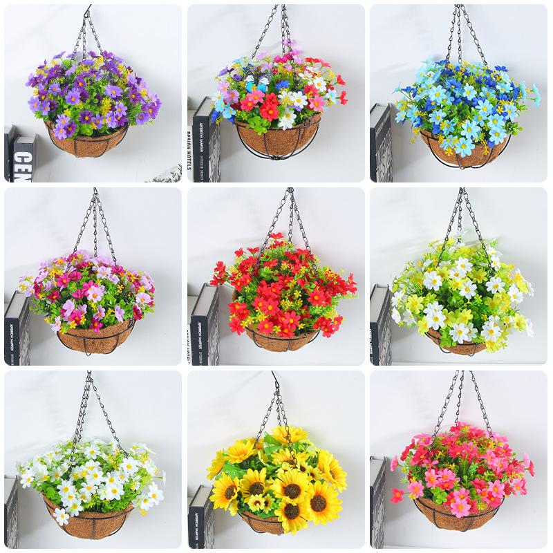 Frühlingsblumen-Hängekorb mit Schleife - Kranz Heimdekoration