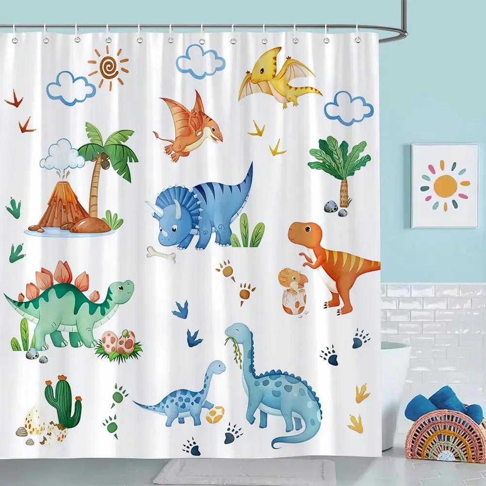 Cartoon Animals Shower Curtain Cute Giraffe Elephant Lion Floral Plant Leaves Dinosaur Funny Bath Curtains Fabric Bathroom Decor