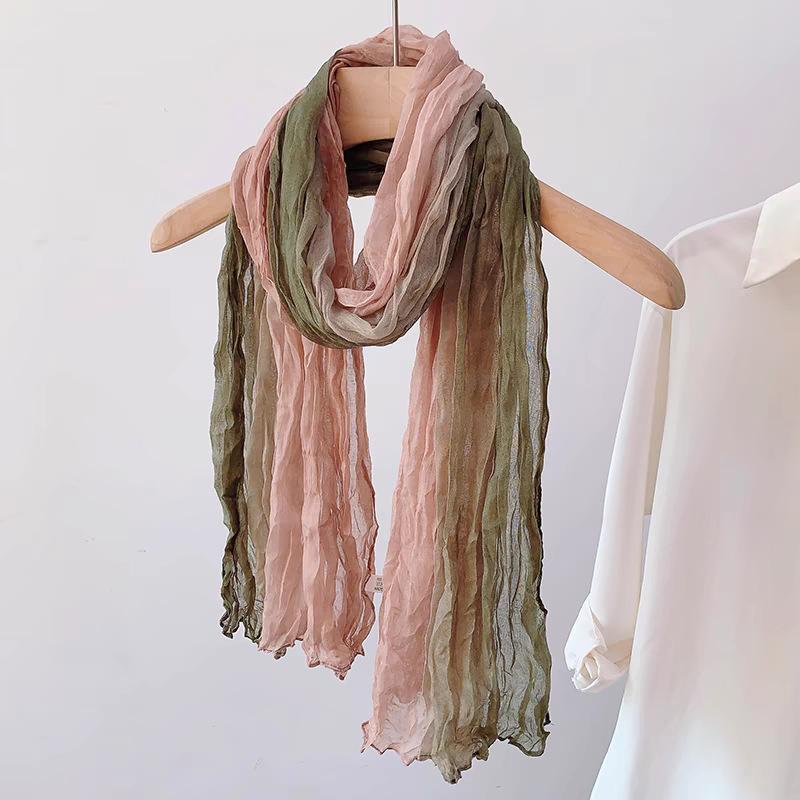 New Imitation Cotton Linen Hand Feel Scarf Women's Retro Gradual Change Long Shawl Literary Folds Thin Spring Autumn Warm Neck