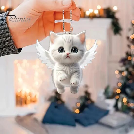 Angel Cat Pendant Rearview Mirror Ornament Car Decoration Cute White Kitten Pendant with Lanyard Whimsical Charm