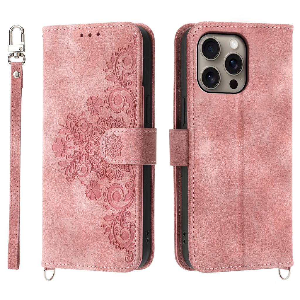 For iPhone 16 Pro Max Leather Case Multiple Card Slots Phone Cover with 2 Straps