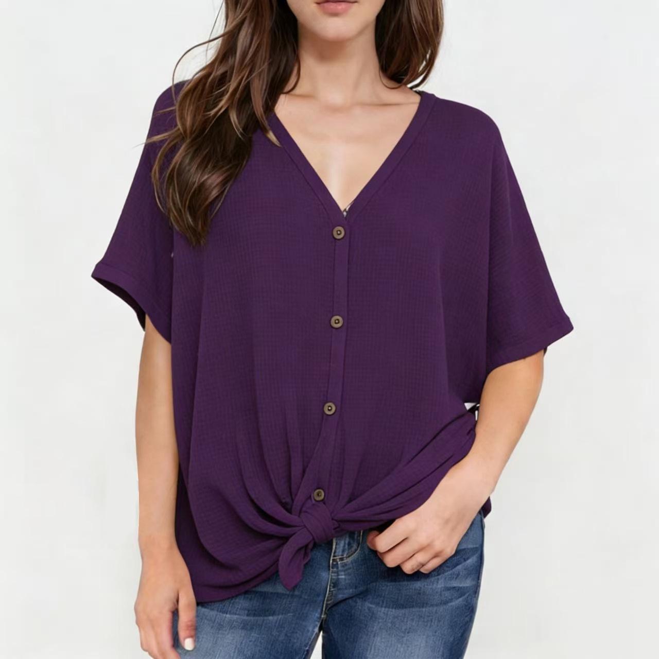 Elegant V-Neck Short Sleeve Single-Breasted Loose Blouse for Women S фиолетовый