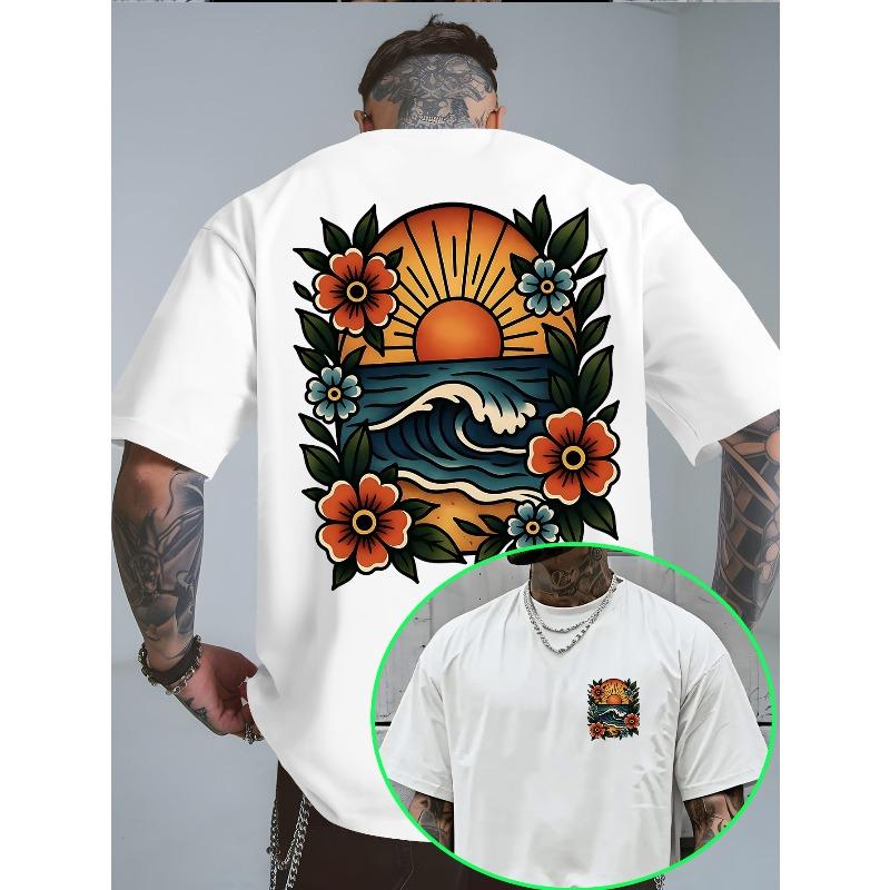 European Size American Retro Vacation T-Shirt, Sunset Waves And Retro Floral Elements, American Retro Atmosphere, Summer S