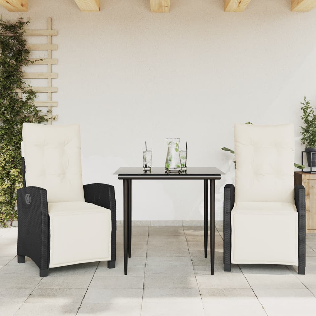 Vidaxl 3-Cz. Garden Furniture Set With Cushions, Black, PE Rattan