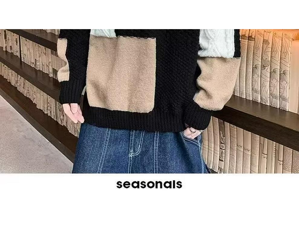 Men's Plus Size Color Block Sweater - Loose Fit, Korean Style, Round Neck Pullover for Autumn and Winter