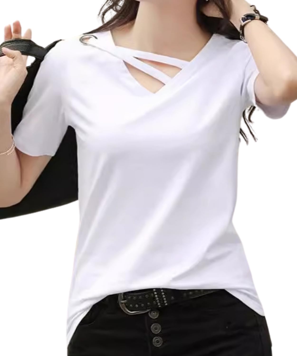 

короткий крой и сшитая большая акцентная [Elixio] женская футболка, рукав, V-образный вырез, топ, размер, прохладная, тонкая, однотонная, чистая, стильная, летняя, эластичная, свободная, белый