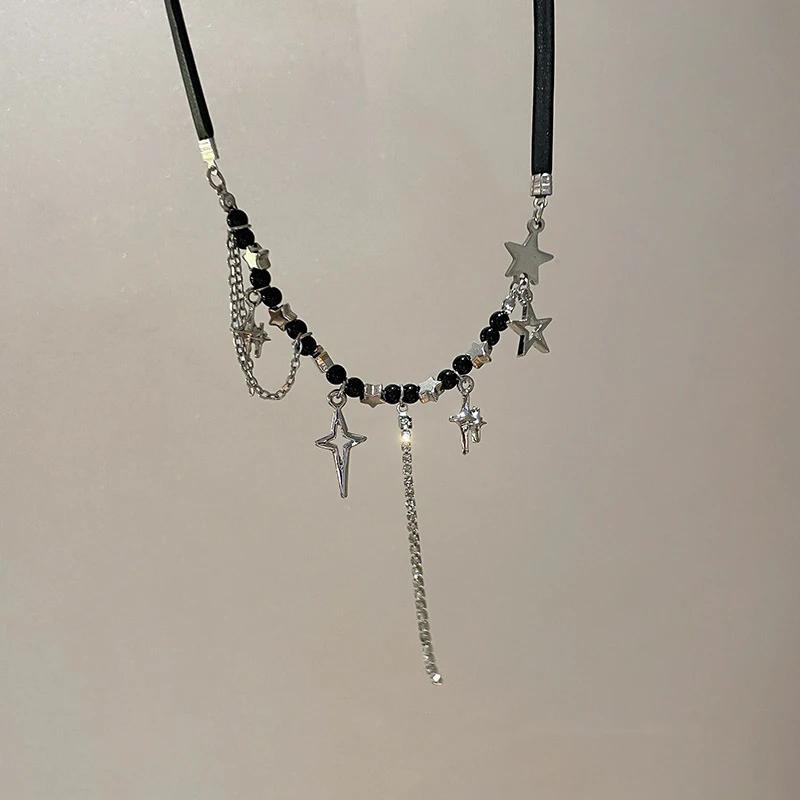 Punk Star Pentagram Necklace for Women Fashion Inlaid Rhinestone Tassels Choker Black Rope Necklace Y2K Style Accessories Gifts