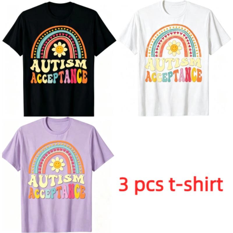 Fun Rainbow Bridge Letter Smile Flower Print Women's T-Shirts Summer Fashion Street Outdoor Casual T-shirt Tops for Men's and Women's Tees Top