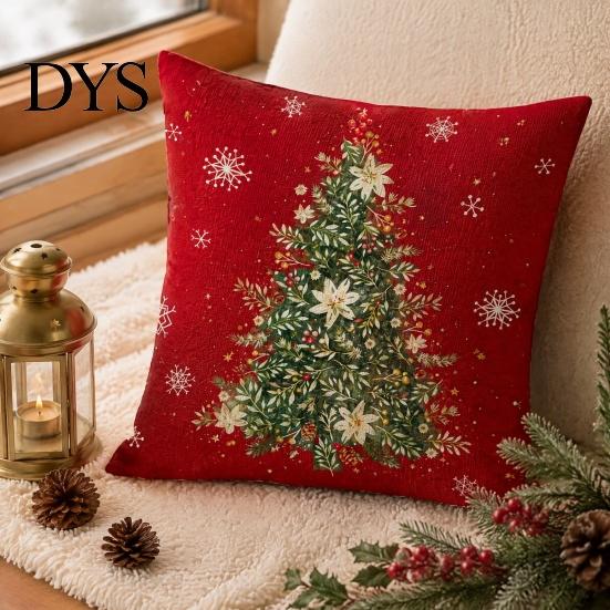 Cozy Red Holiday Accent Pillows Christmas Throw Pillow Covers, Poinsettia Reindeer Pine Branch Decorative for Bay Window Cushion Cases, Xmas
