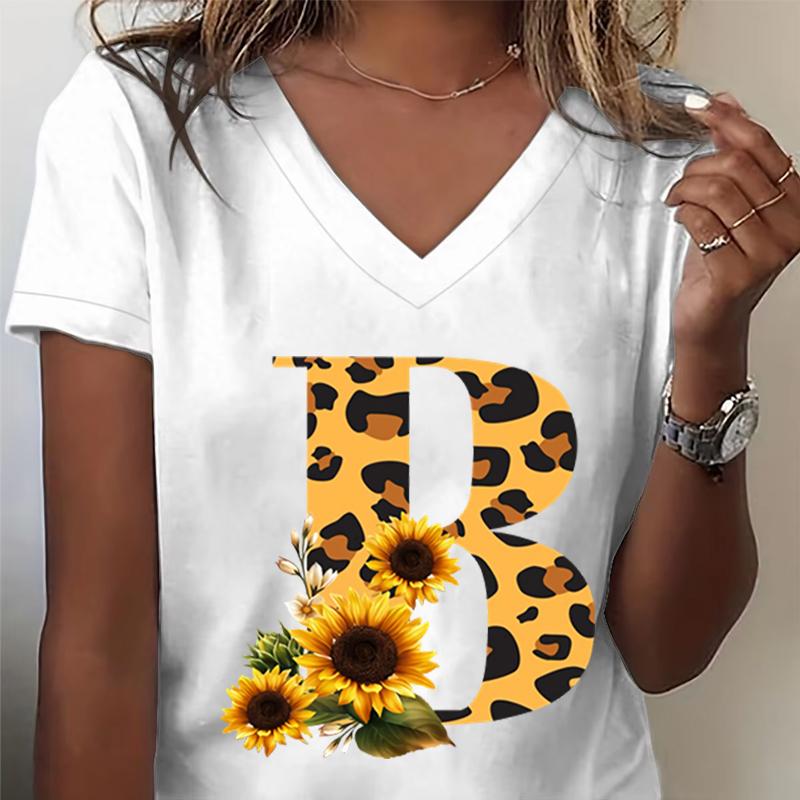 Unisexs Vneck Tshirt Sunflower Leopard Print Letter R Graphic Tee Watercolor Flower Leopard Print Tshirts Az 26 Alphabet Top