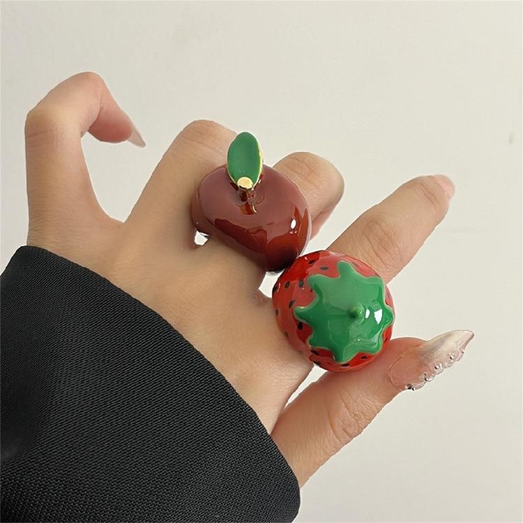 Elegant Enamel Dripping Oil Strawberry/Apples Ring Fashion Handmade Finger Accessory Party Wear Ring Festival Jewelry