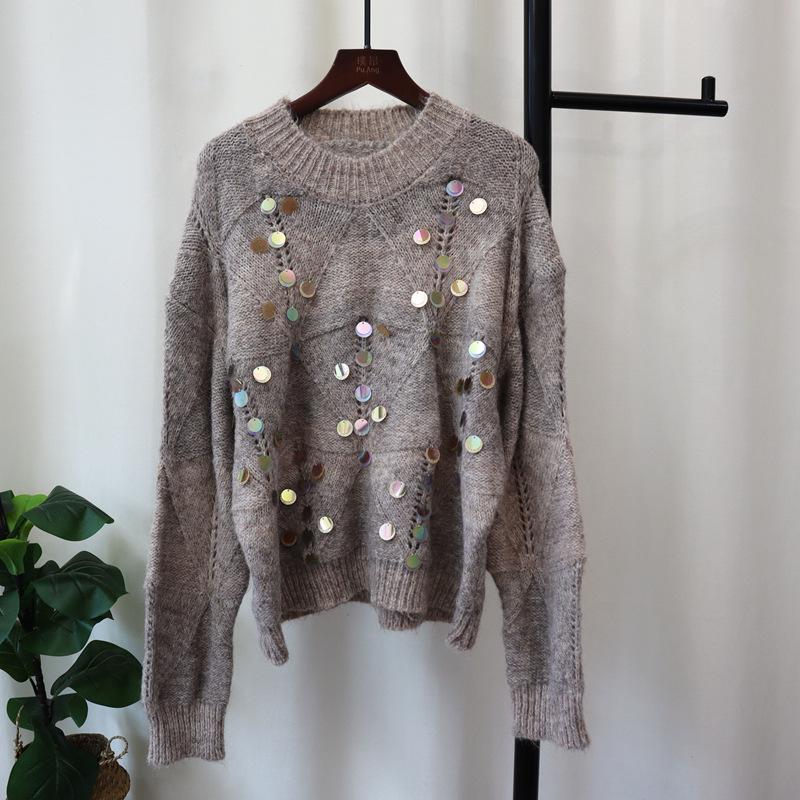 

Осень и зима новый свитер пуловер с круглым вырезом, пайетками и ажурной вязкой, свободный, мягкий, восковой, нежный трикотажный свитер топ женский one size fits all хаки