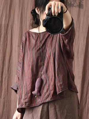 Γυναικεία πλεκτά βαμβακερά πουκάμισα με ριγέ μπλούζες Φαρδιά καλοκαιρινά επτά μανίκια γυναικεία μπλουζάκια