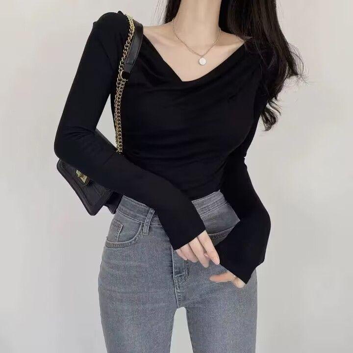 

Модные топы с глубоким V-образным вырезом для женщин, однотонные футболки с длинным рукавом, женская уличная одежда, модная одежда