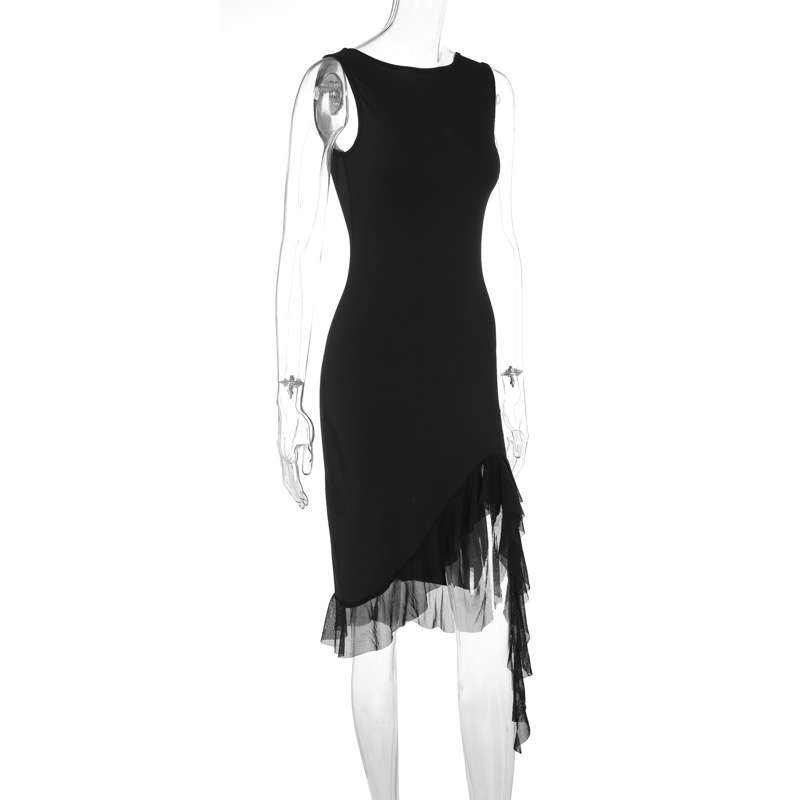 Youth Retract your waist Backless Dress Round neck Women's Clothing Sleeveless Solid color