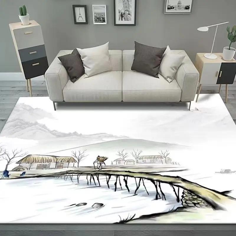 Pink Peach Blossom Ink Landscape Rug, Elegant Chinese-Style Home Decor Carpet with Poetic Mountain-Water Charm for Living Space